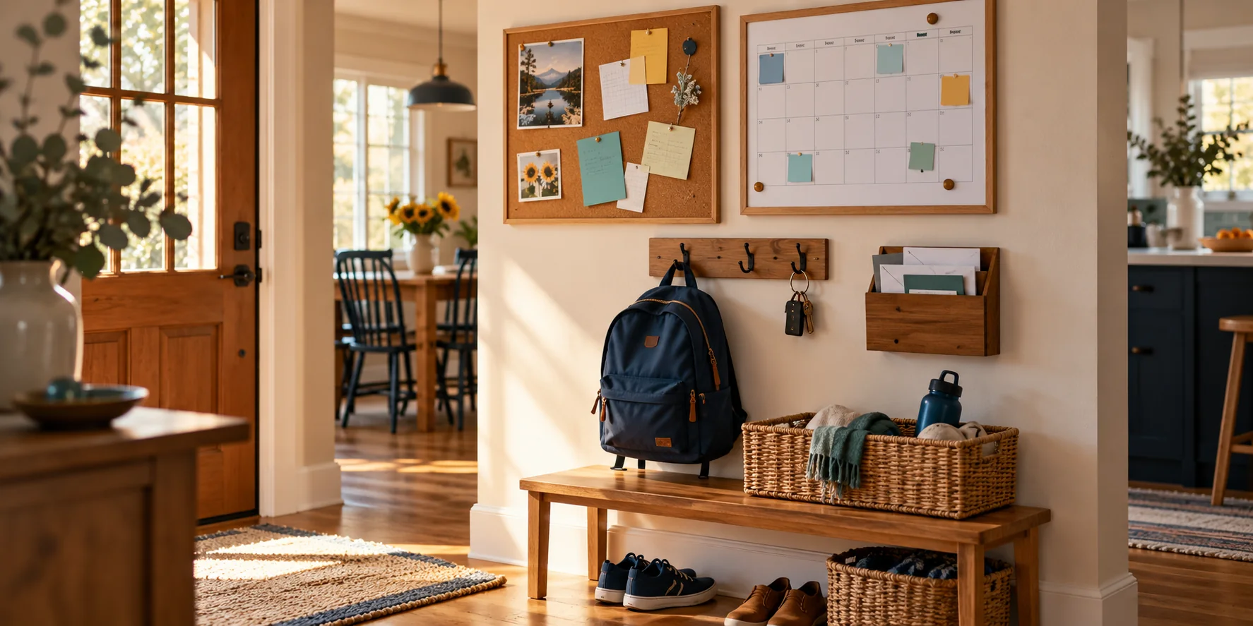 A practical family command center with calendar, notes, hooks, mail pocket, and everyday items in a sunlit home.