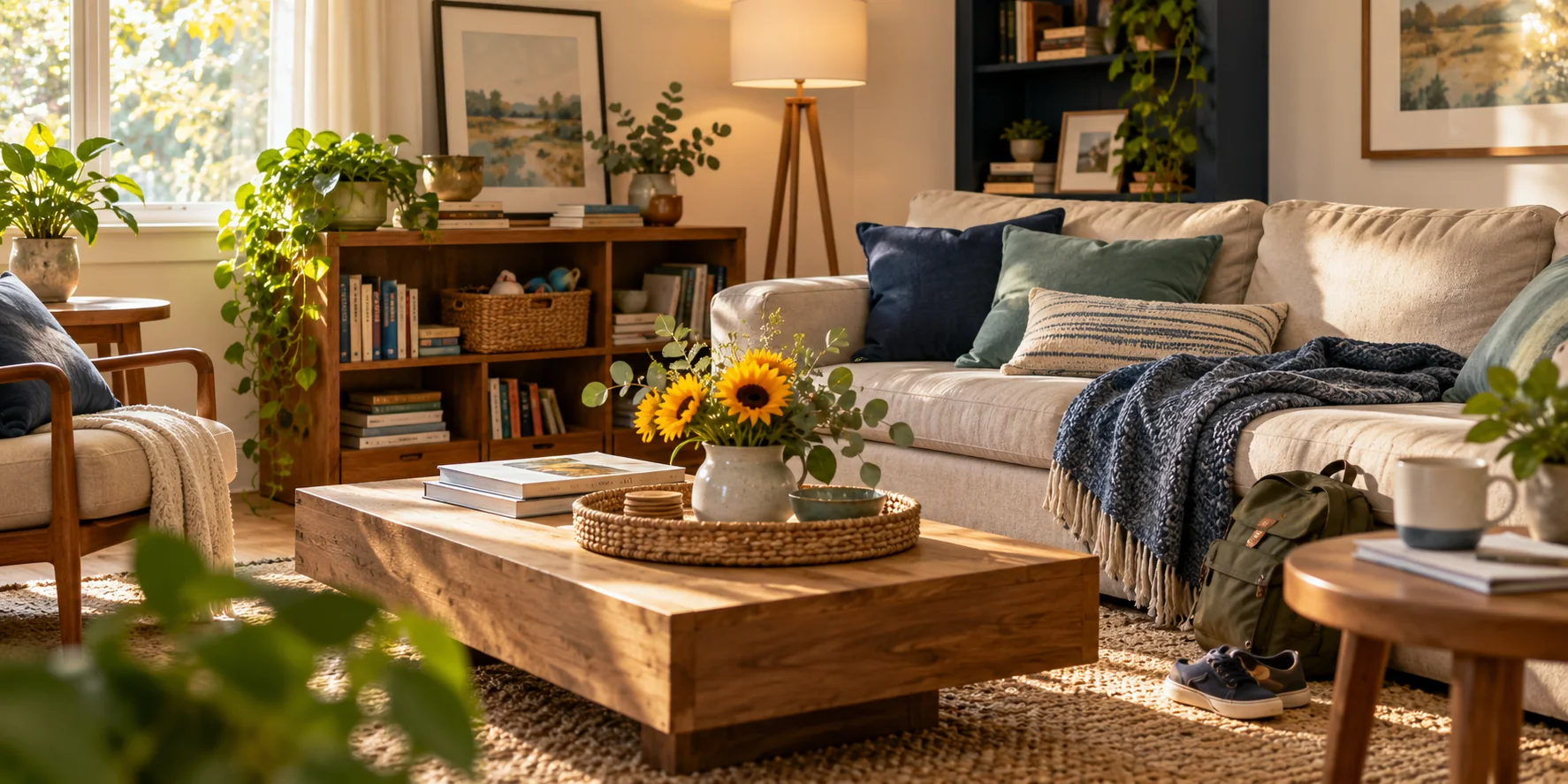A warm, lived-in living room with an open shelf, basket, and everyday belongings.