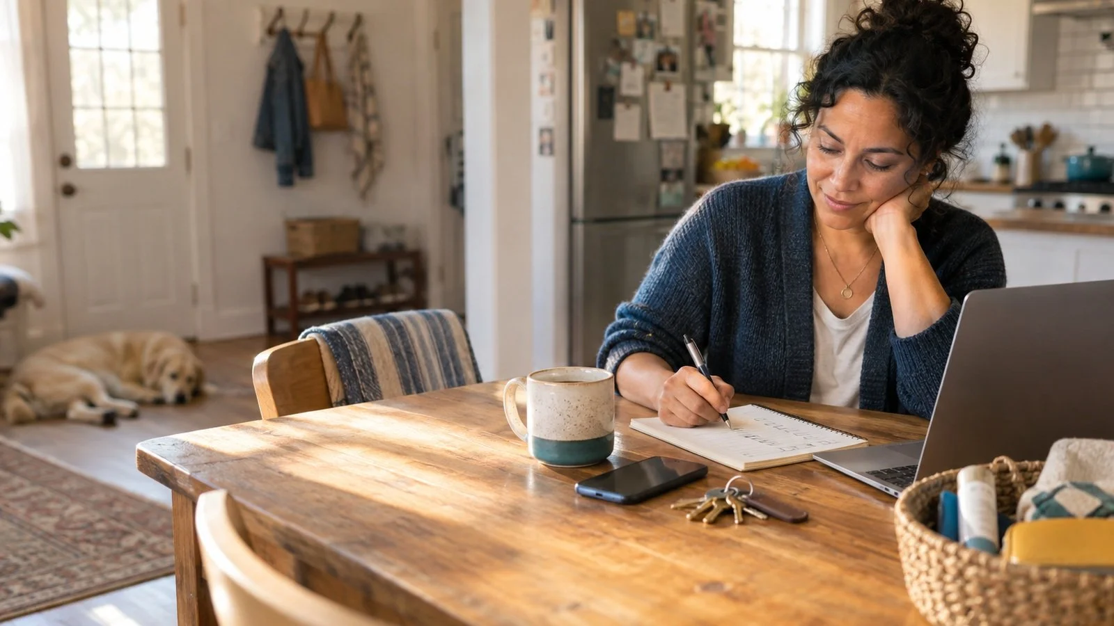 An adult writes a short plan at a lived-in kitchen table beside a laptop, phone, keys, and a small basket of household items.