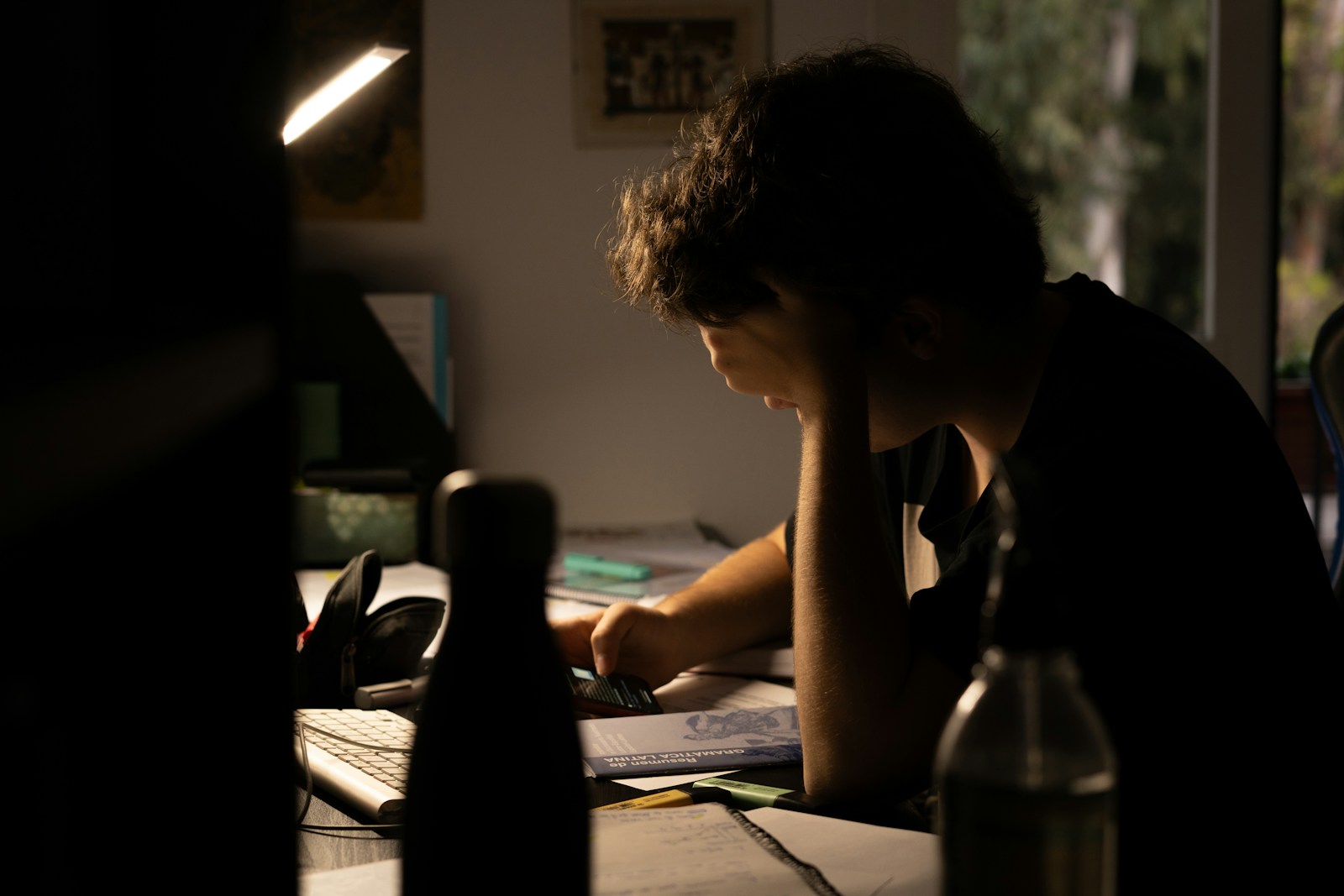 Student seated at a desk reviewing schoolwork in warm natural light