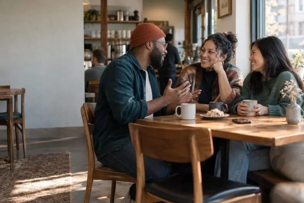 Three adults having a relaxed conversation together in a coffee shop