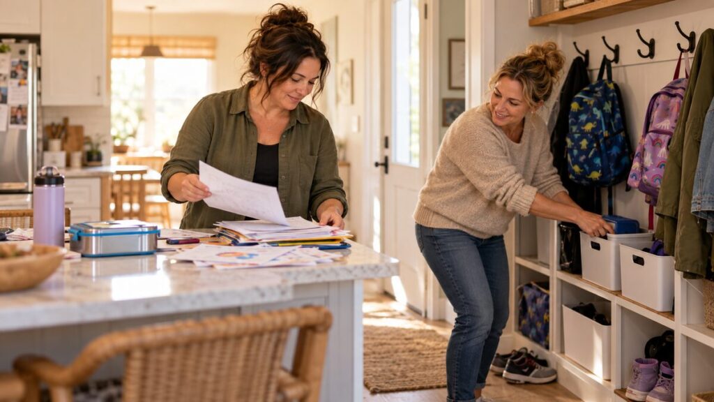 Mother and home-function coach work side by side organizing family papers and an entryway