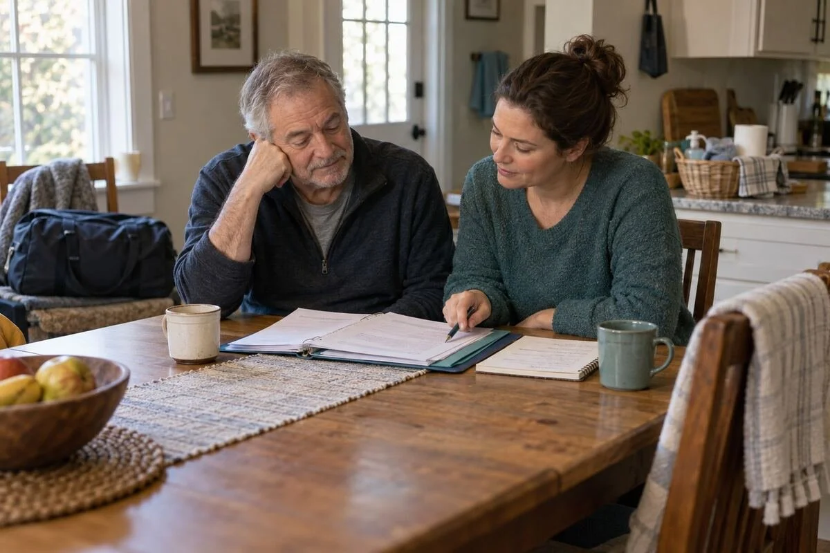 Adult and family member reviewing hospital discharge papers at a kitchen table