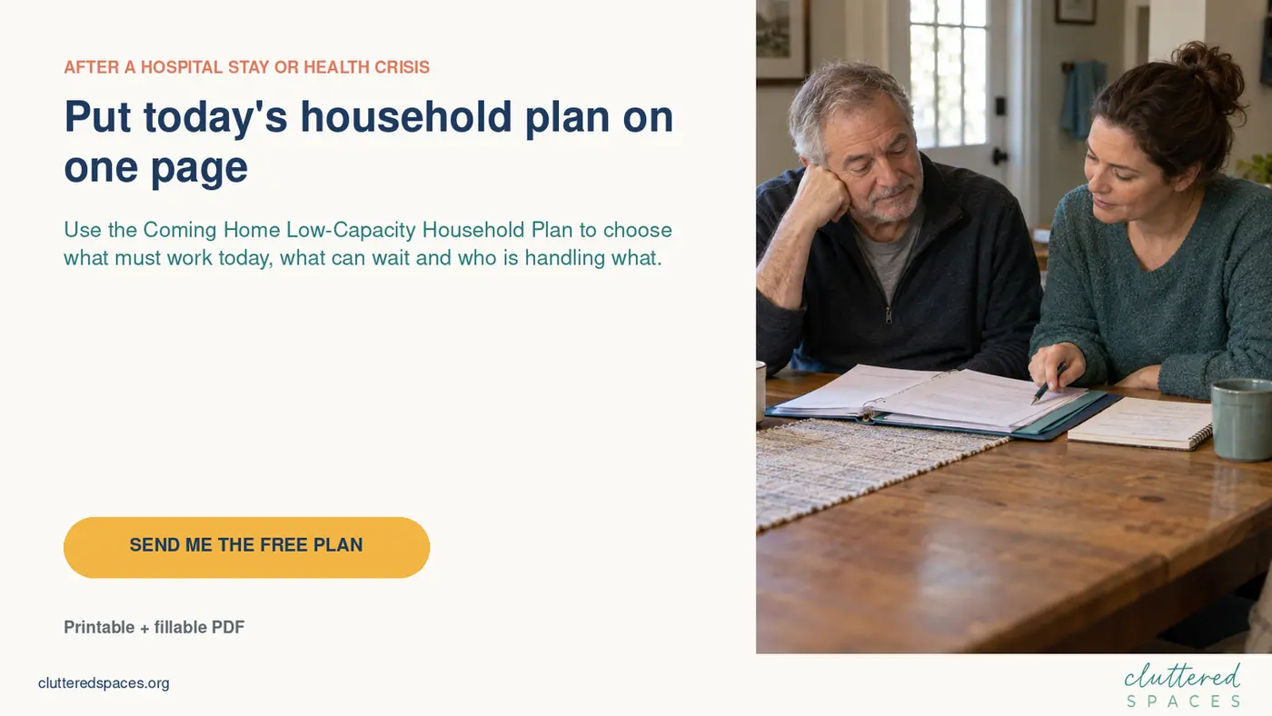 Coming Home Low-Capacity Household Plan for choosing today’s essentials, what can wait and who is handling each responsibility.