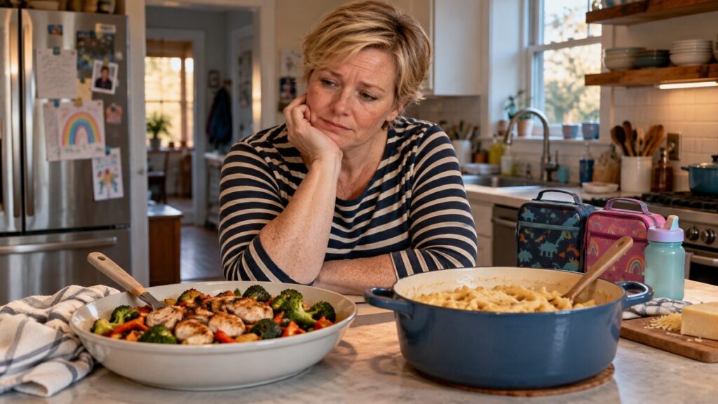 Mother pauses while making a family meal decision with lunchboxes and everyday kitchen items nearby