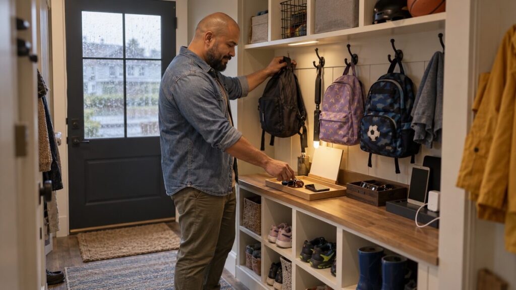 Father uses an open family entry station to make everyday belongings easier to manage