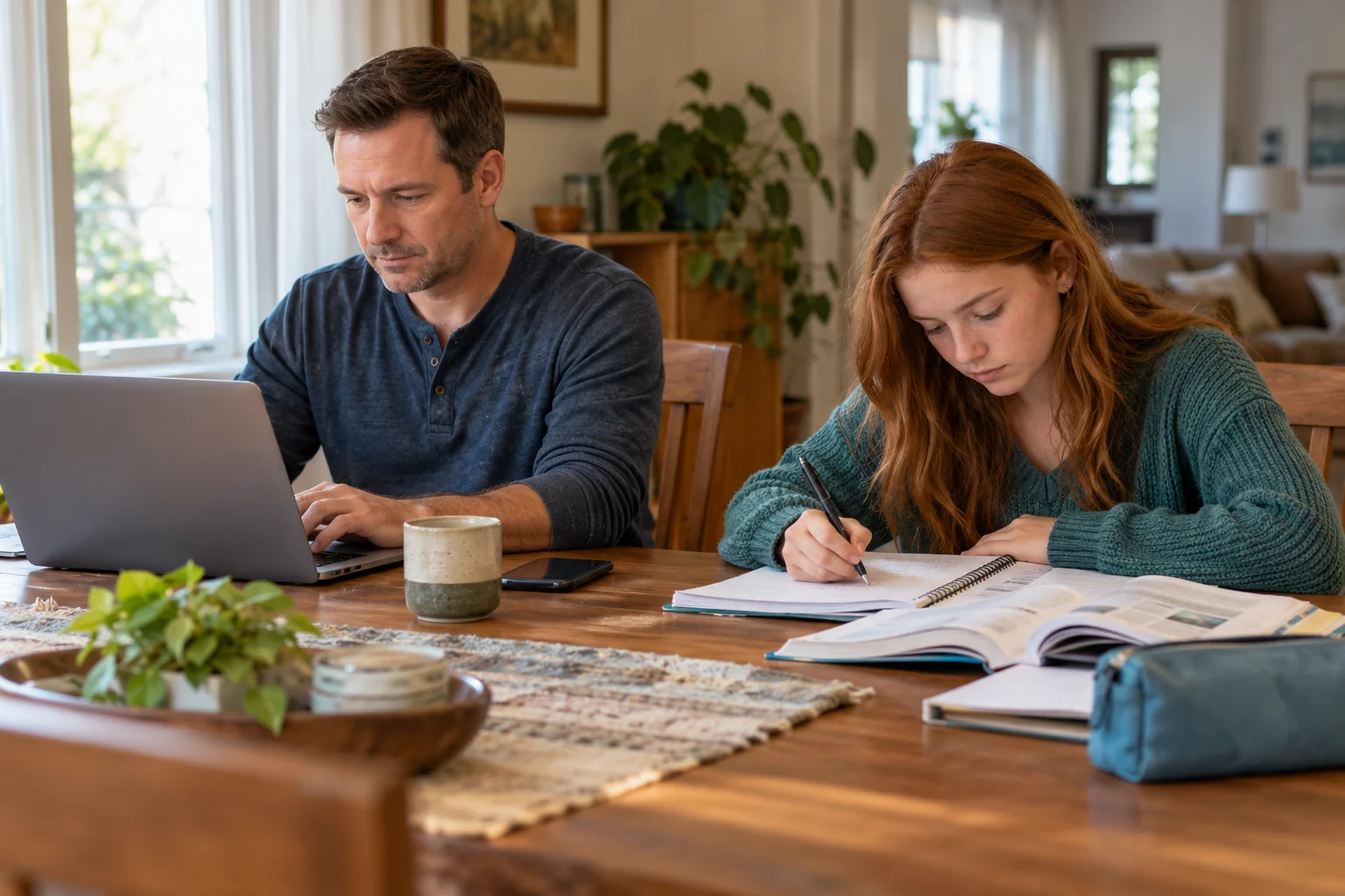 An adult works on a laptop beside a teen doing homework at the same table.