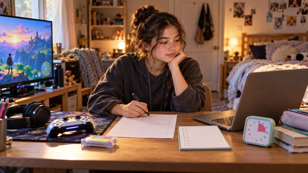 Teenage girl sits between a video game setup and structured schoolwork tools at her desk