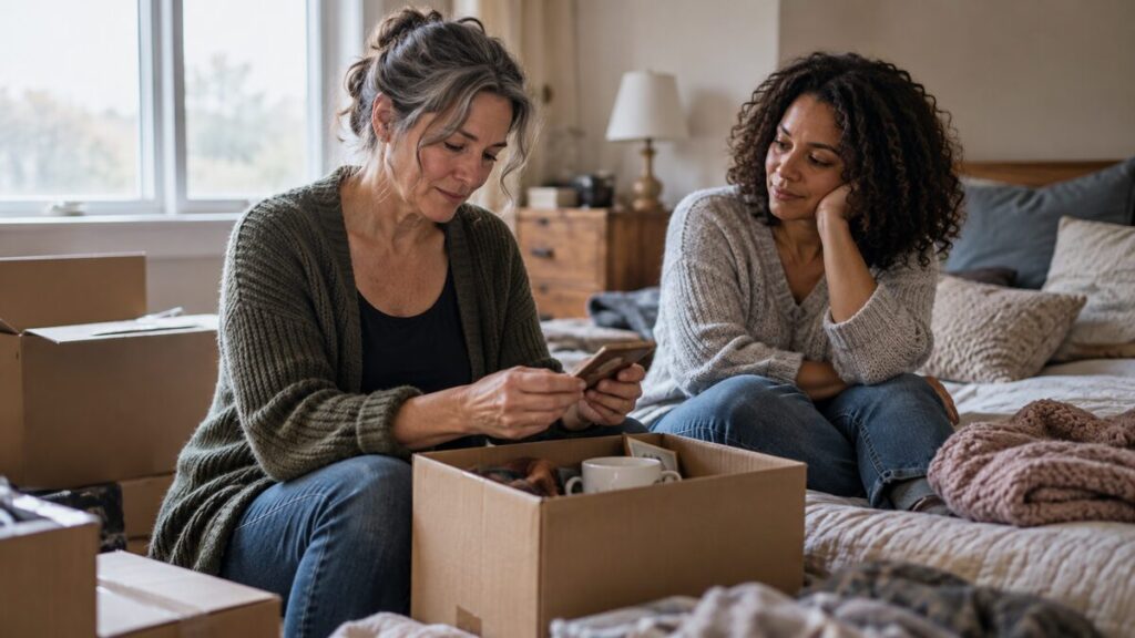 Two women sit together in a lived-in home during a difficult life transition, offering calm practical support
