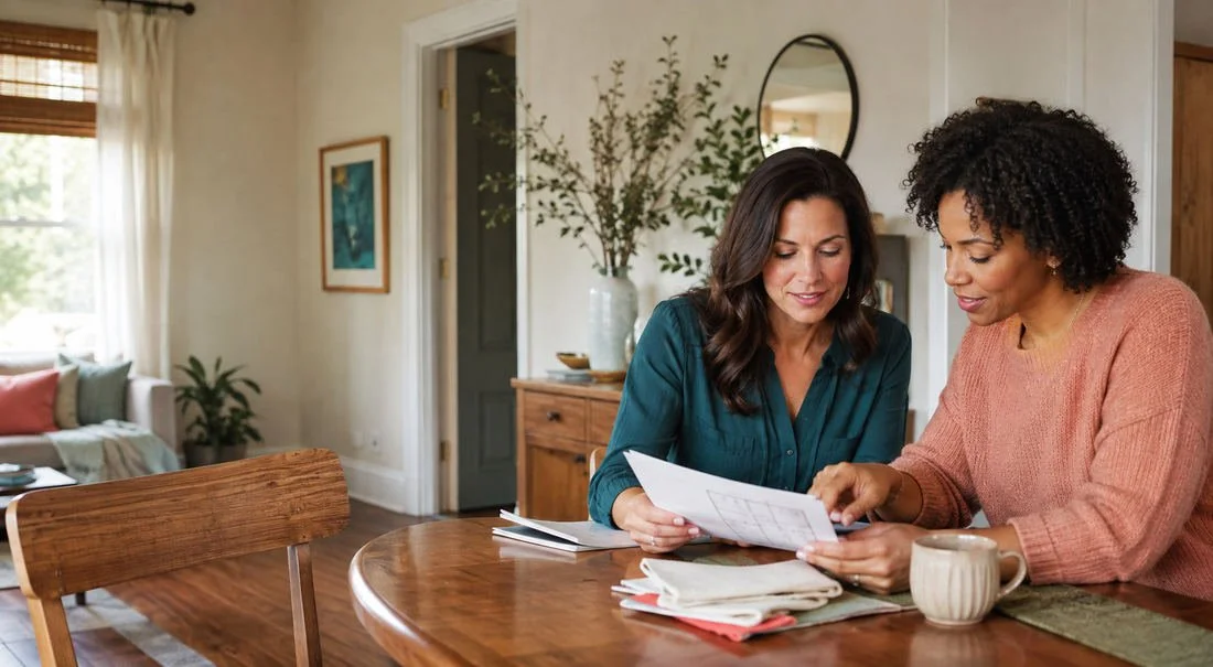 Two women reviewing household paperwork together at a dining table