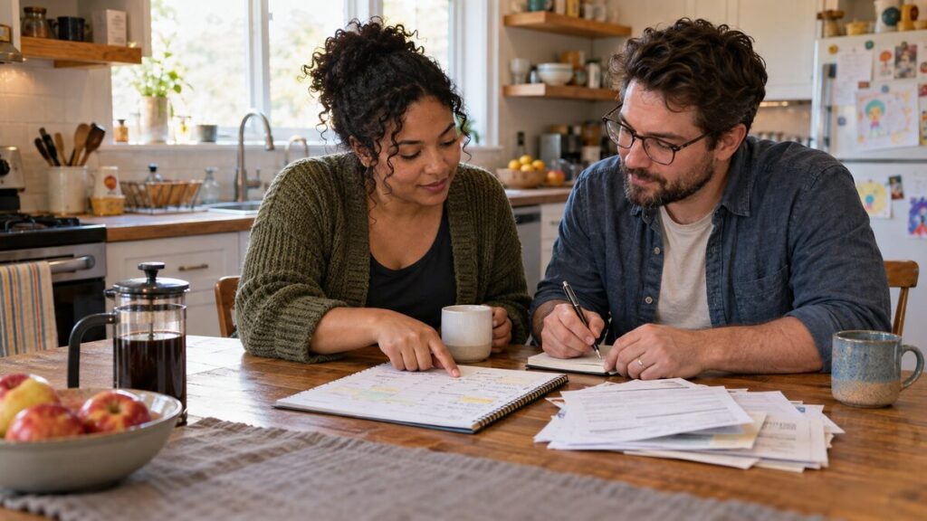Family members plan household responsibilities together around a kitchen table
