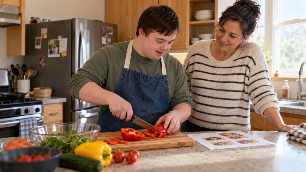 Young adult practices an independent living skill with calm support nearby