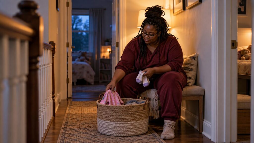 Mother completes a small evening household reset on a low-capacity day