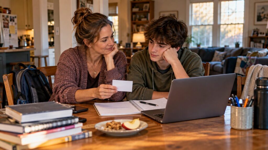 Mother calmly helps her teenage son identify one small first step for starting homework