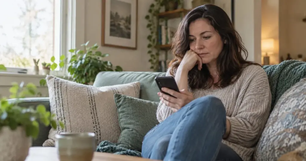 Woman sitting at home, looking thoughtfully at a message on her phone.