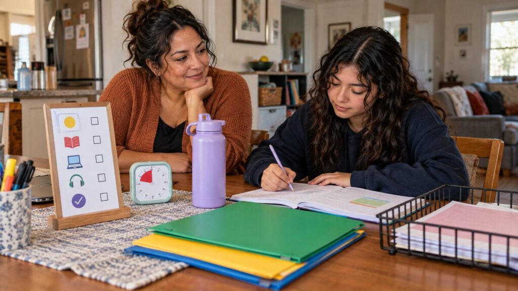 Mother supports a teenager working independently with a visual checklist, timer, and color-coded folders