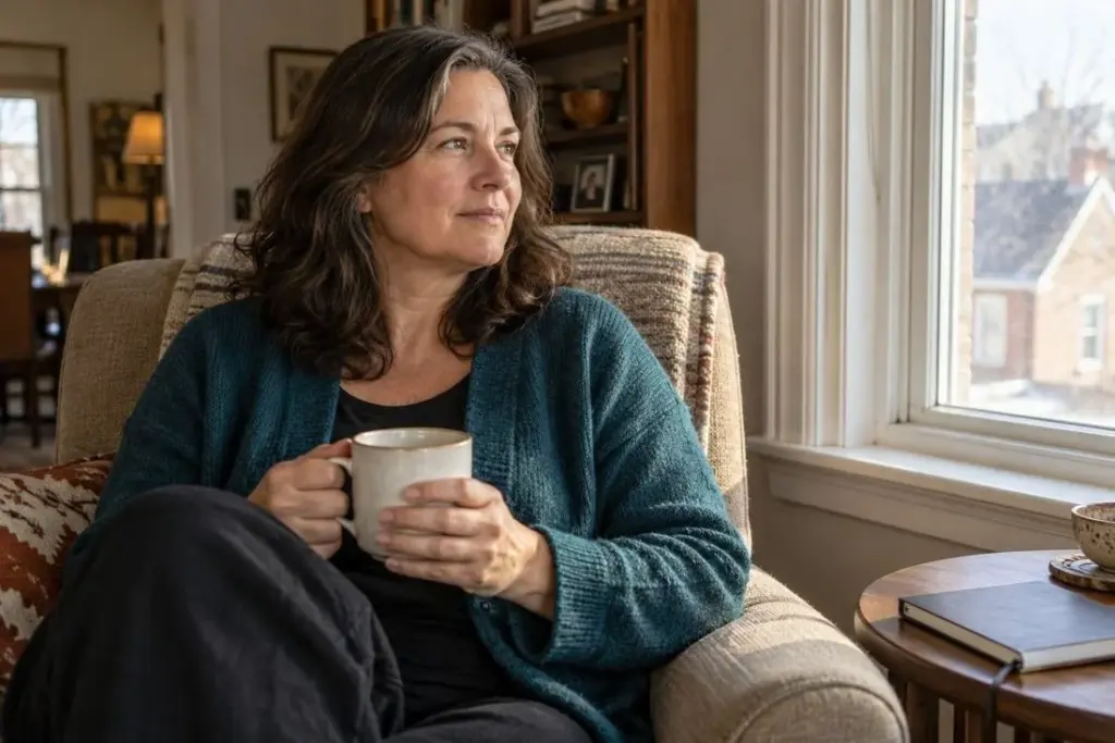 Woman sitting by a window holding a mug and pausing thoughtfully