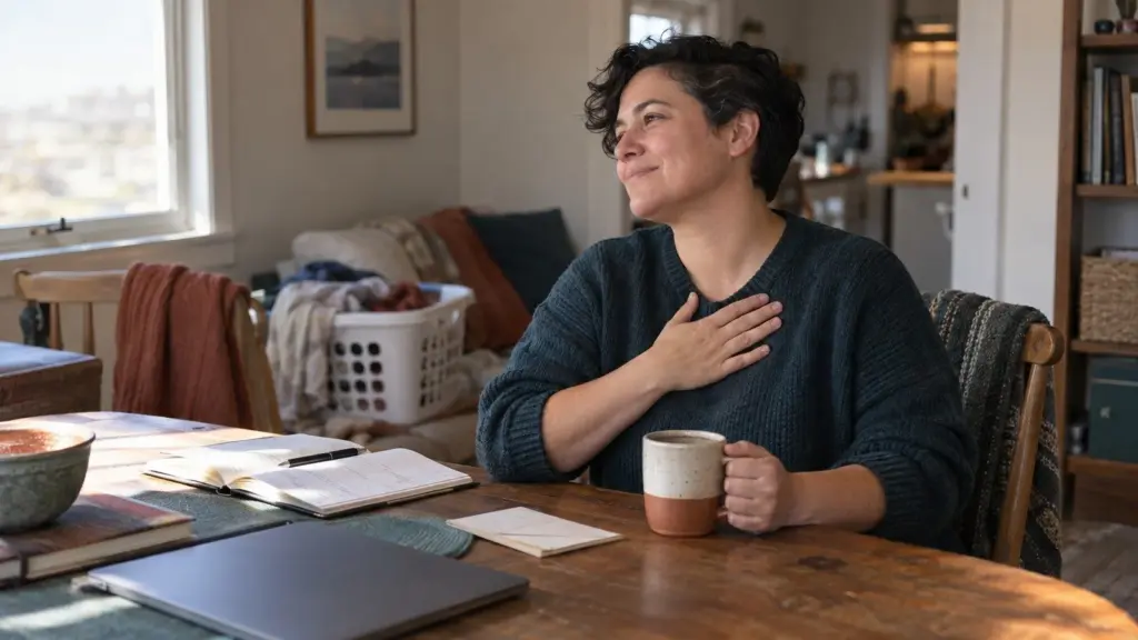 Person sitting at a table with coffee and laundry nearby, pausing with a hand over their heart