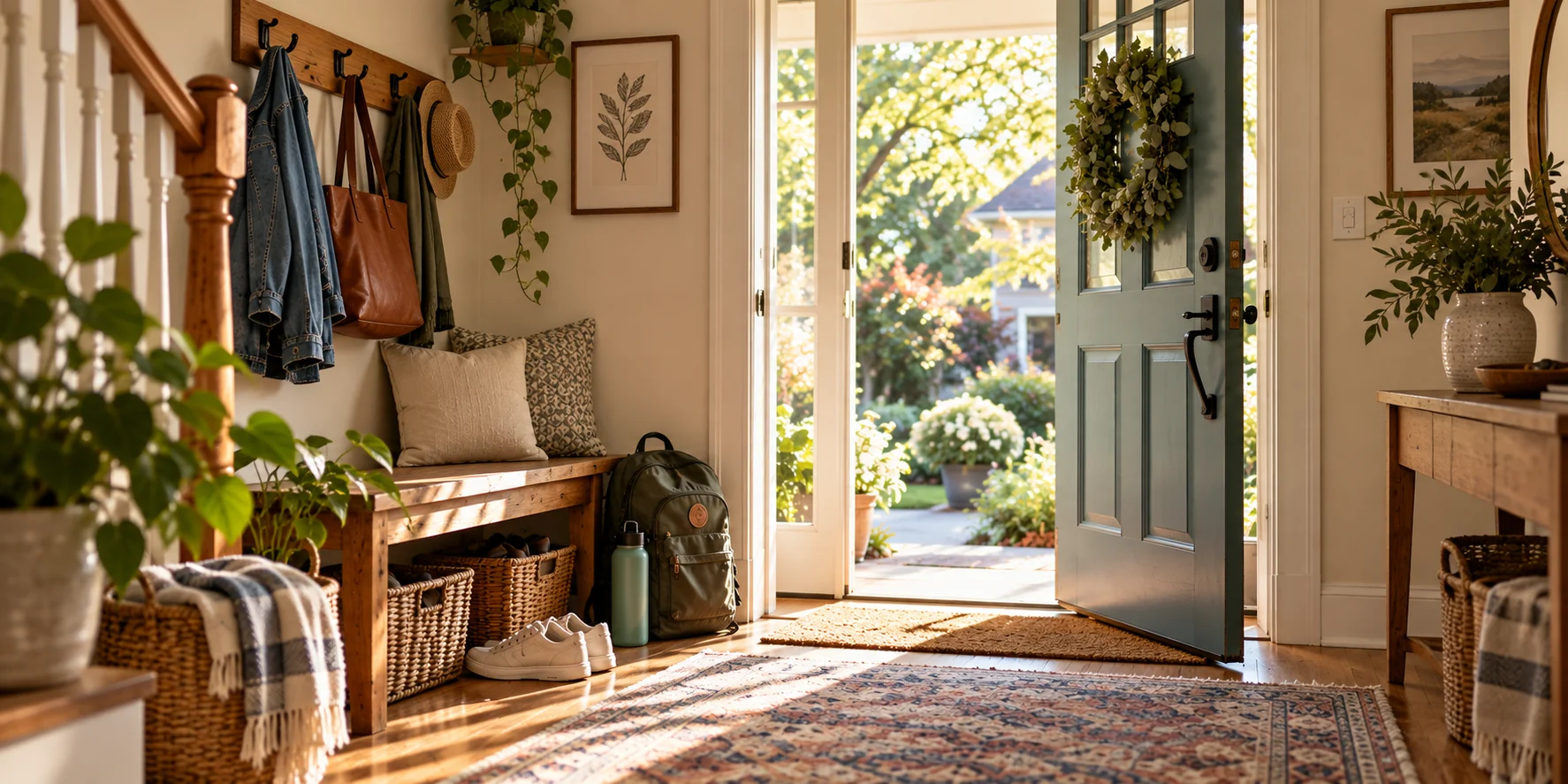 Sunlit entryway with an open teal front door, bench, backpack, shoes, and baskets.