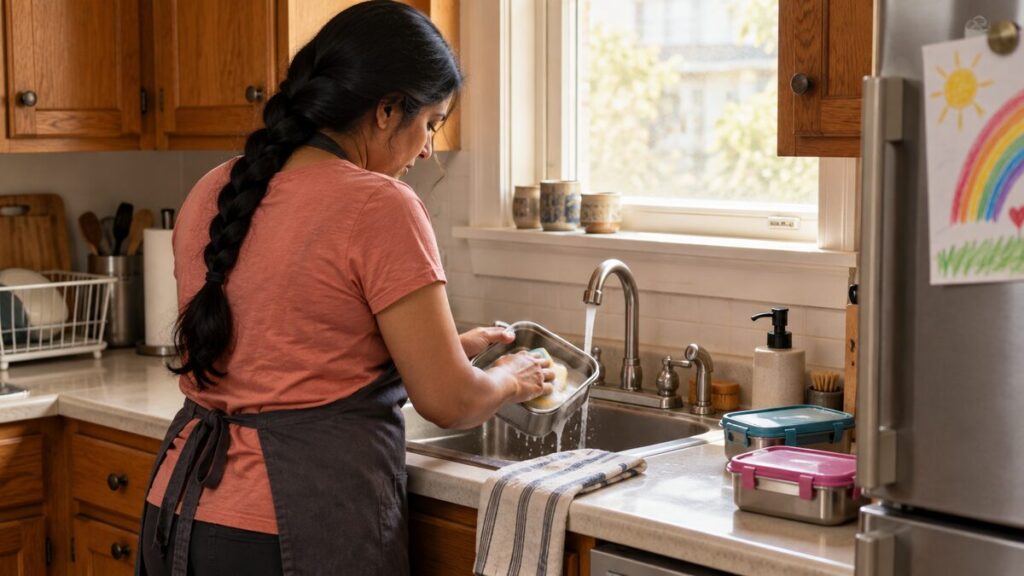 Mother begins a household task by washing one lunch container in a lived-in kitchen