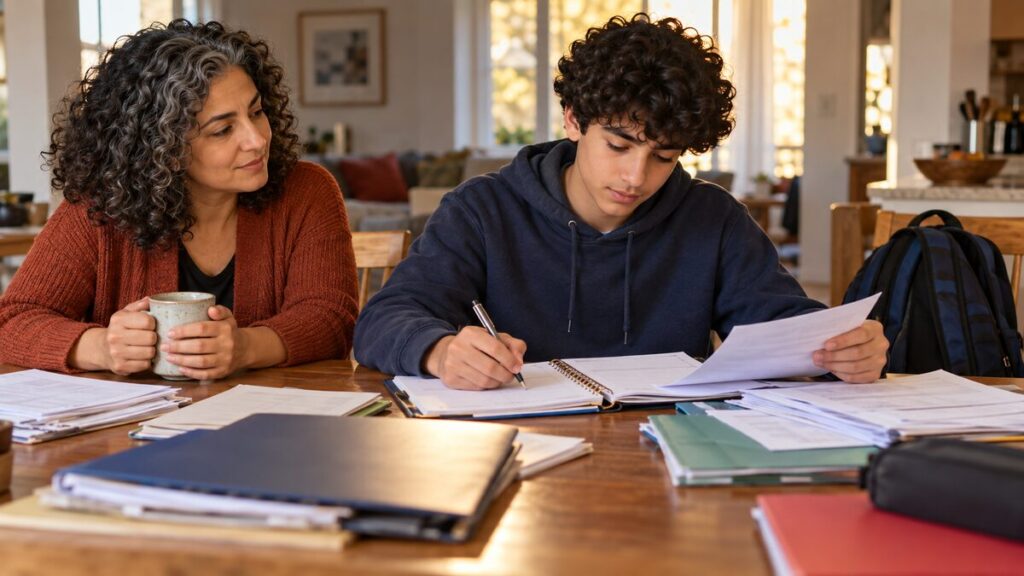 Mother supports her teenage son while he takes the lead on an everyday household task