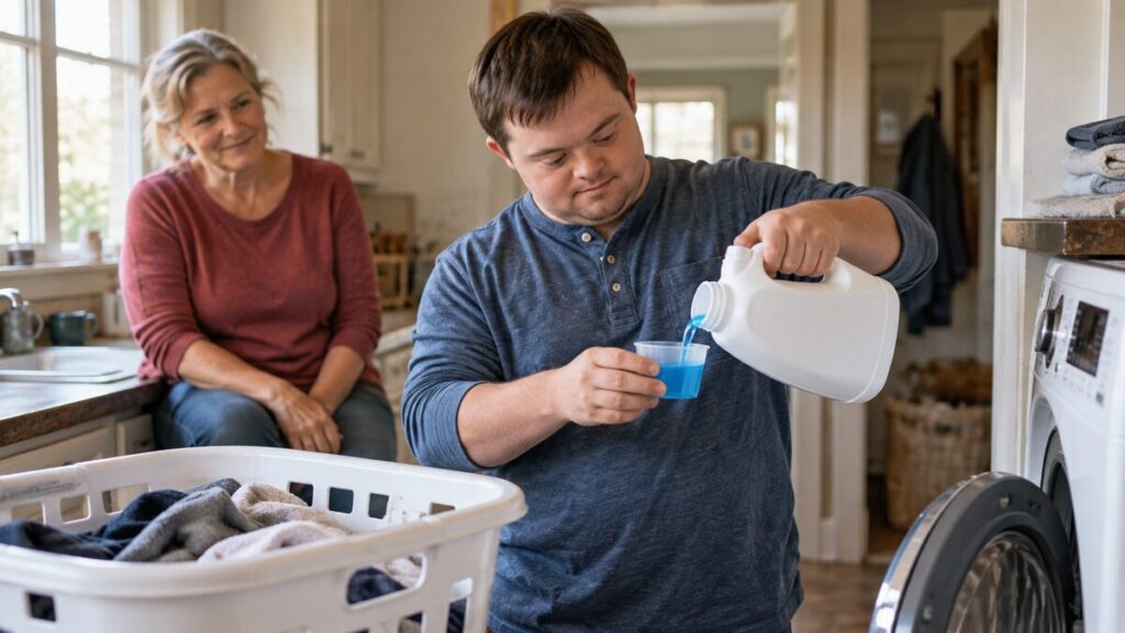 A young person practices an everyday household skill with supportive guidance nearby