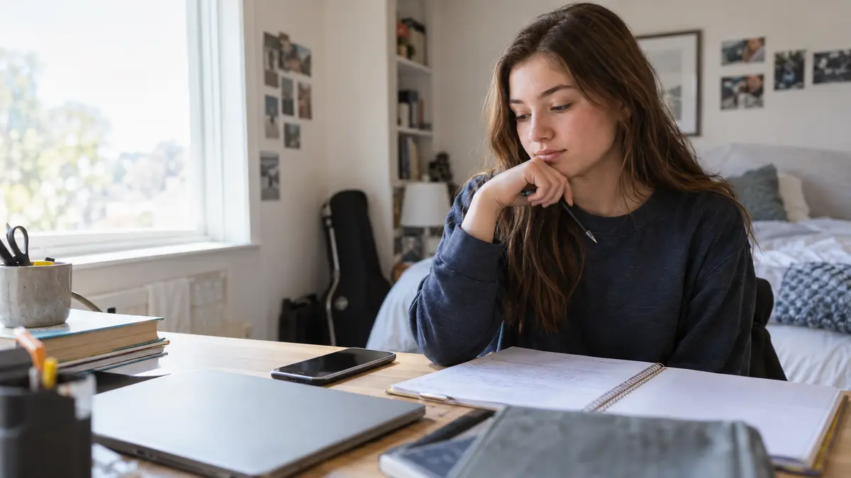 Teenager considering schoolwork at a desk with an open notebook