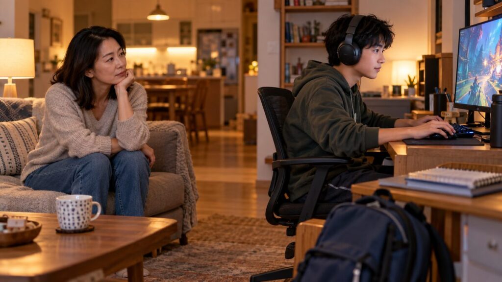 Mother thoughtfully watches her teenage son focus on a video game while school materials wait nearby