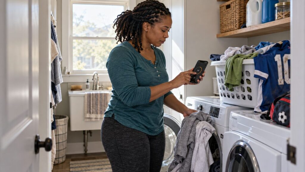 Mother manages laundry beside family sports gear and a backpack in a lived-in home