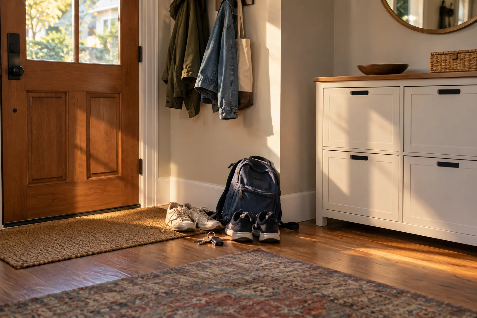 Shoes, a backpack and keys have landed beside a closed storage cabinet in a home entryway