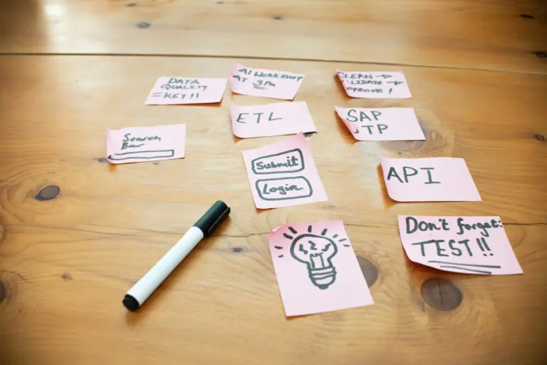 Sticky notes mapping steps on a wooden table