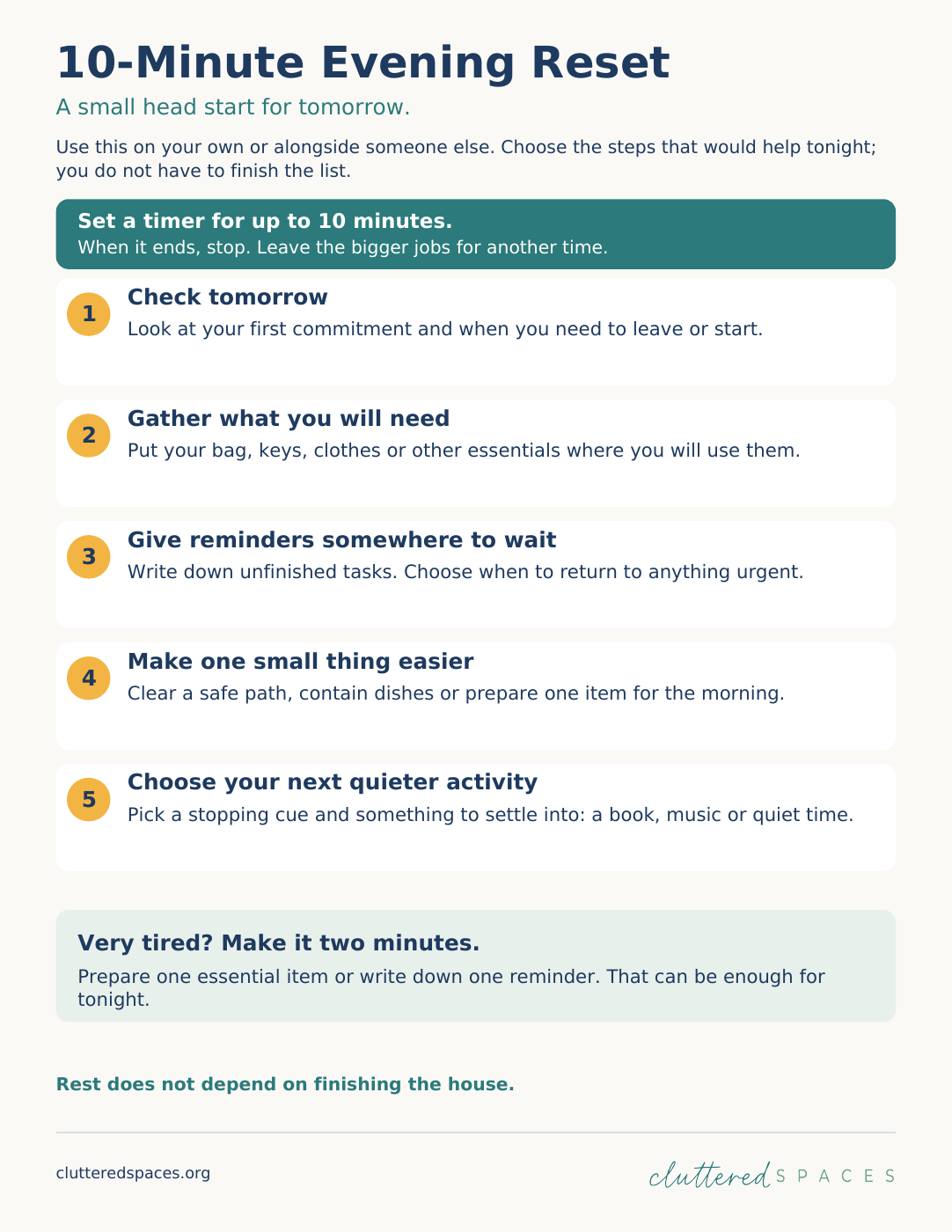 10-Minute Evening Reset anchor chart with five steps: check tomorrow, gather essentials, write down reminders, make one thing easier, and choose a quieter activity. Stop when the timer ends; a two-minute version offers one essential item or reminder.
