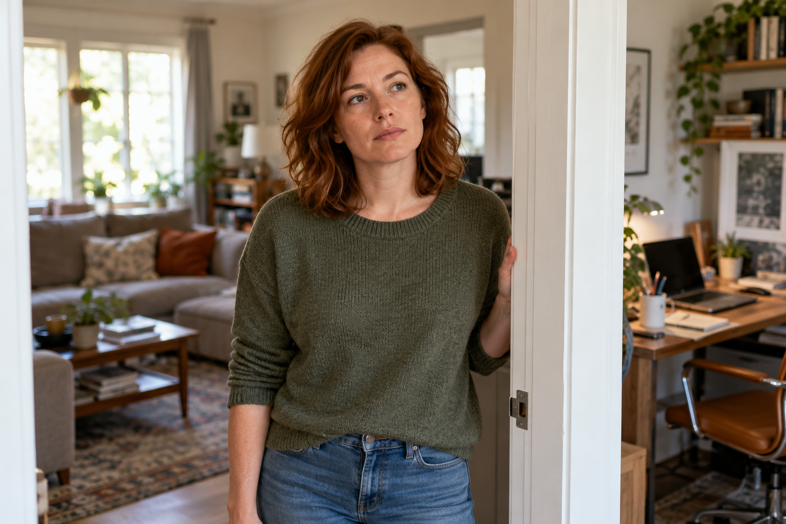 Woman pausing thoughtfully in a doorway between her living room and home workspace.