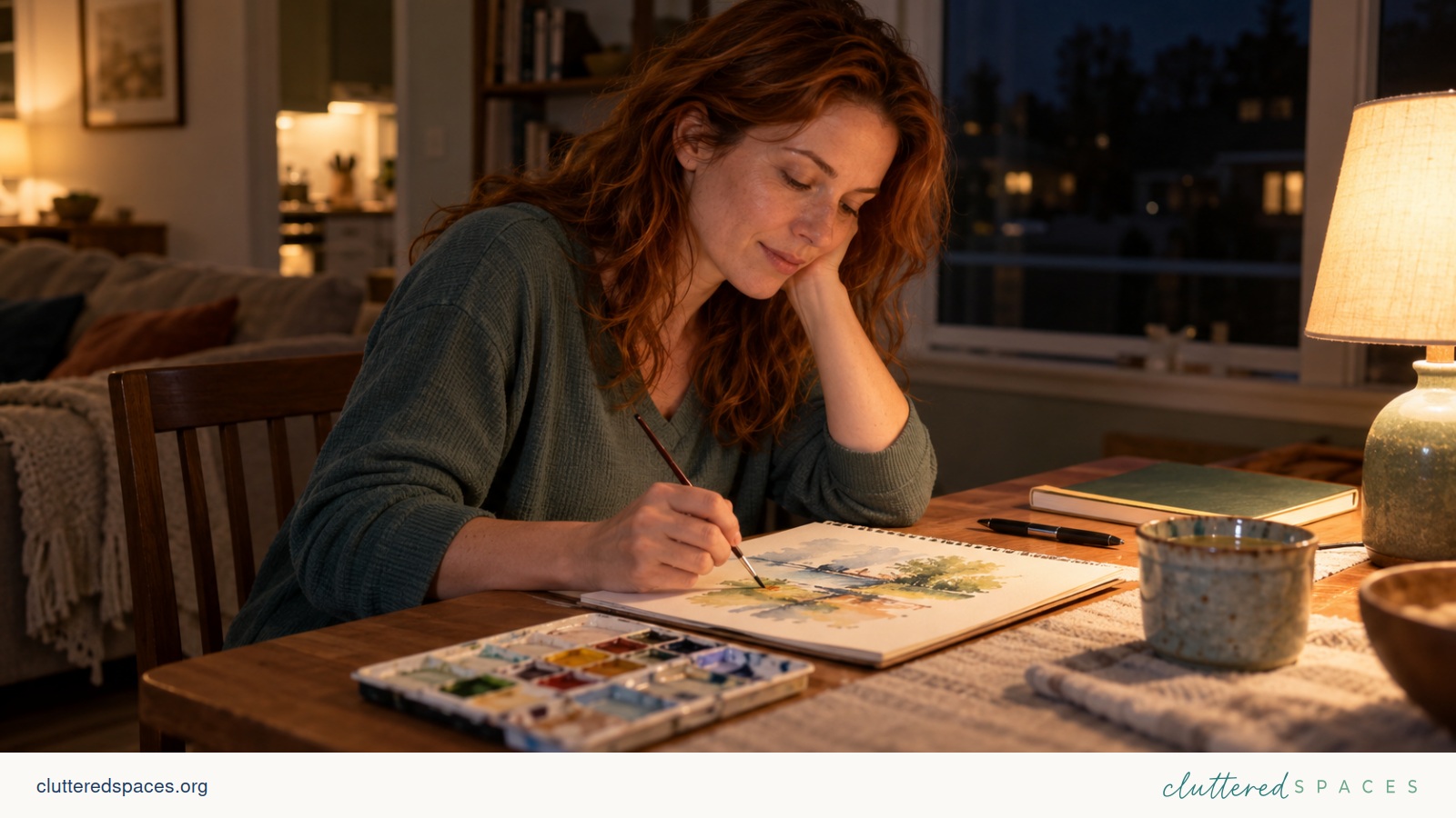 An adult paints at a dining table in a warmly lit home late at night.