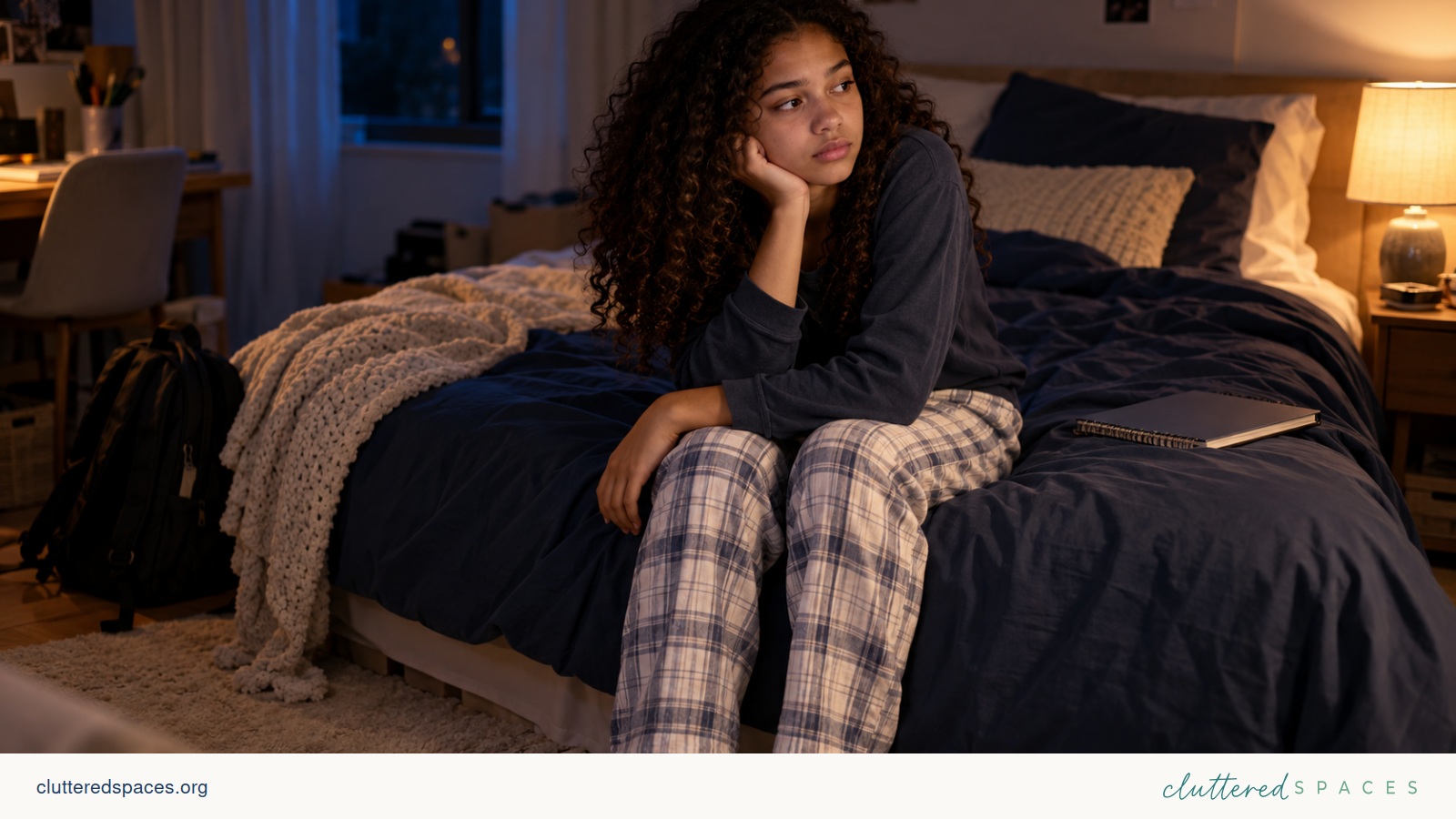 A tired teenager sits on a rumpled bed in a softly lit bedroom at night.