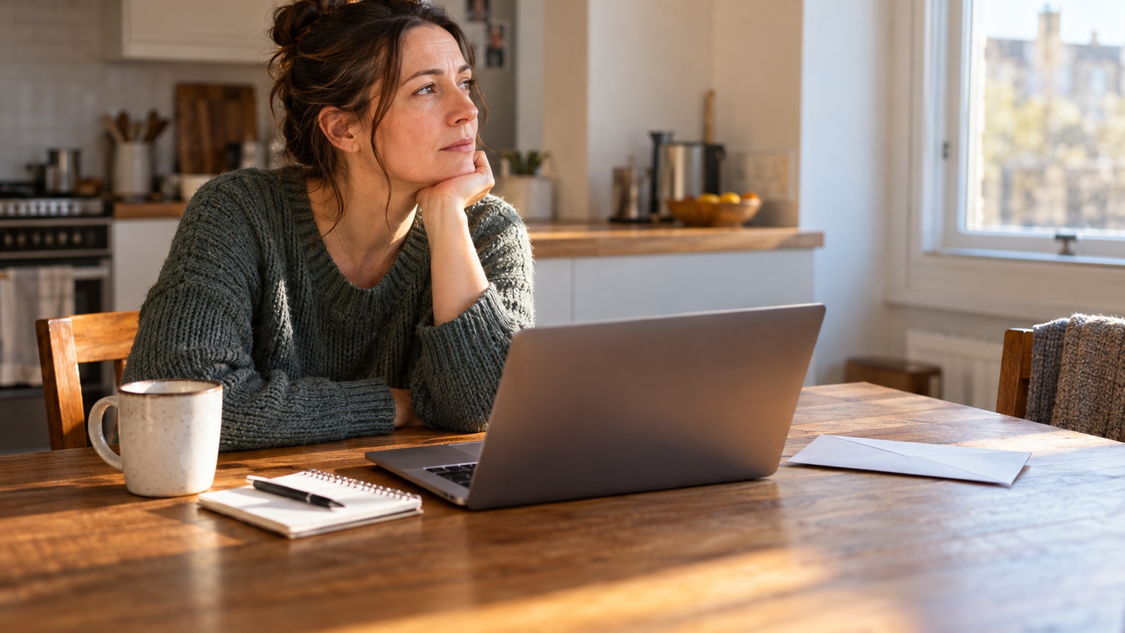 Adult seated at a kitchen table with a laptop, notebook, and unopened envelope, looking toward a window