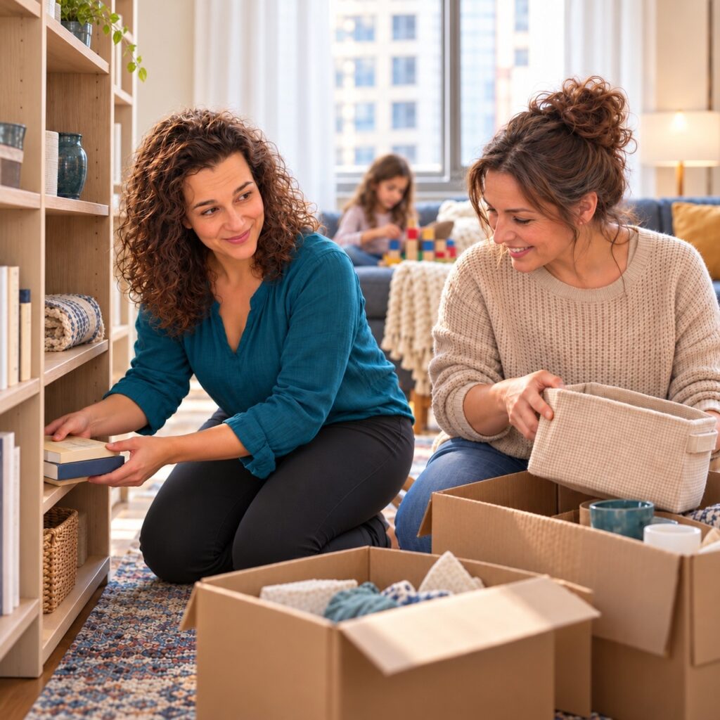 Cynthia working beside an older woman to unpack household items, with a child in the background
