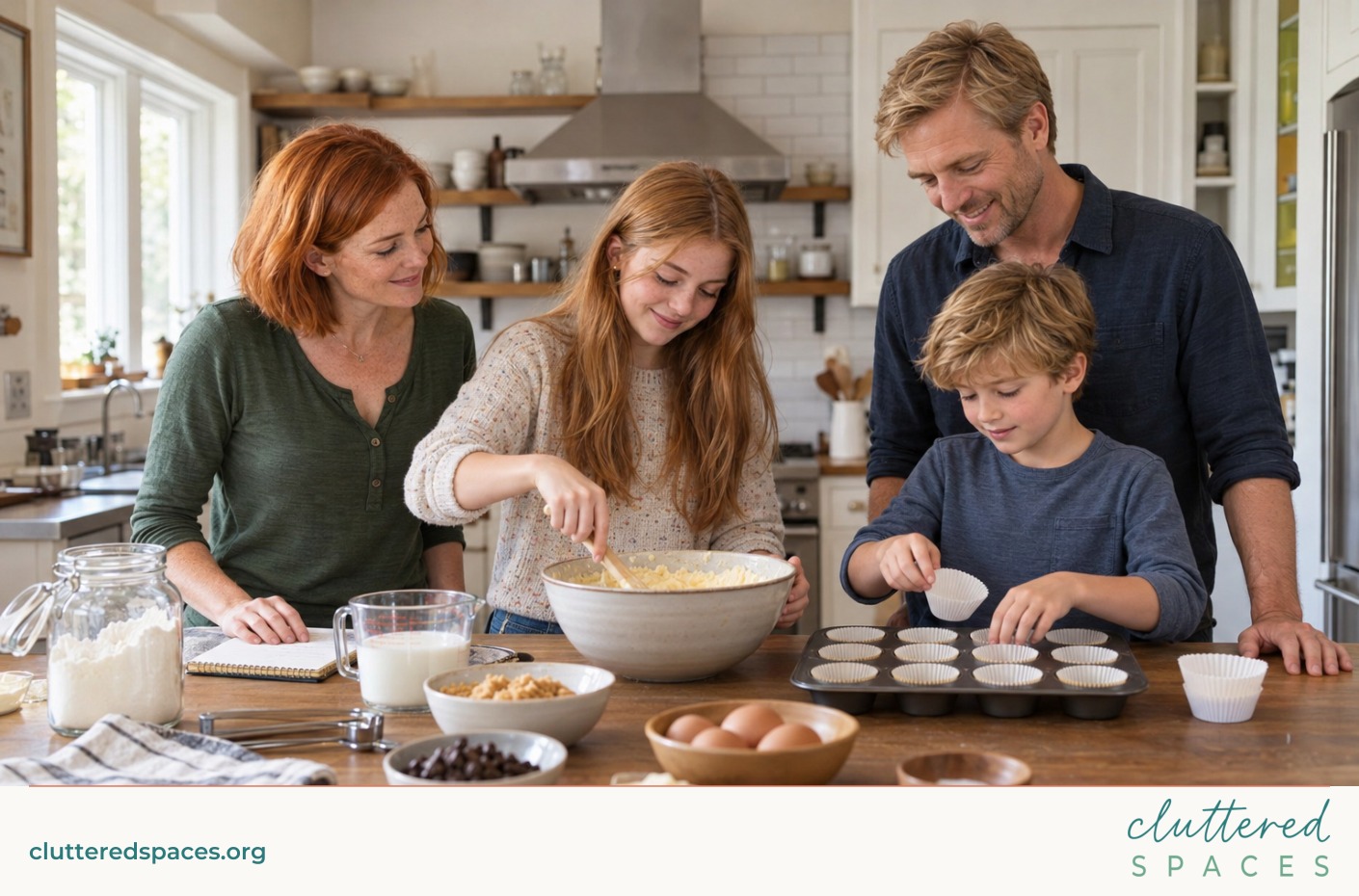 A family makes cupcakes together: a teen mixes batter while a younger child places liners in a cupcake pan.
