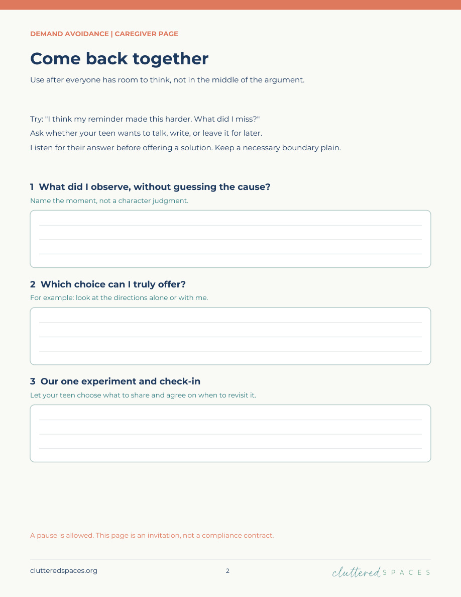 Teen and caregiver demand avoidance guided journal pages: original page 2 preview
