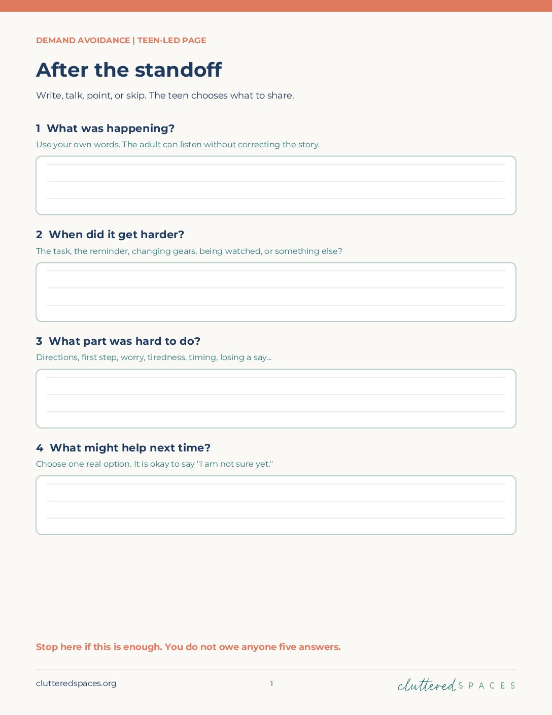 Teen and caregiver demand avoidance guided journal pages: original page 1 preview