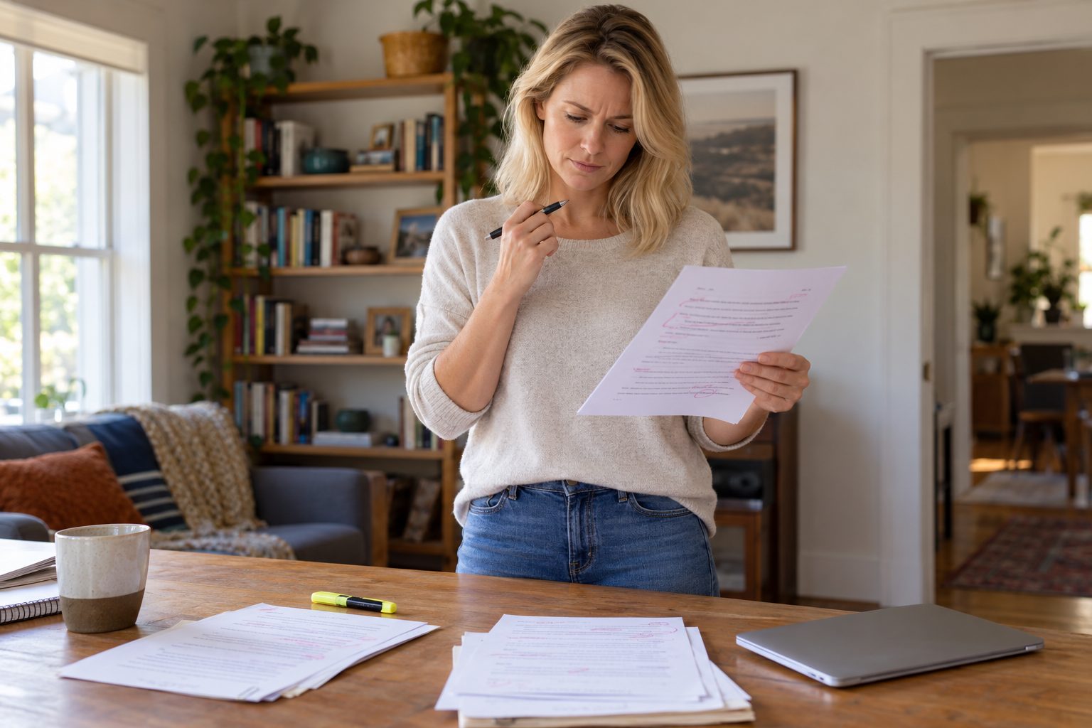 Woman holding a marked-up page and pausing before making another revision.