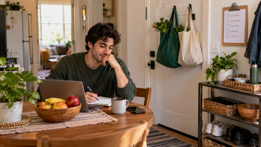 Young adult planning daily tasks at a table near a home entryway with practical reminders
