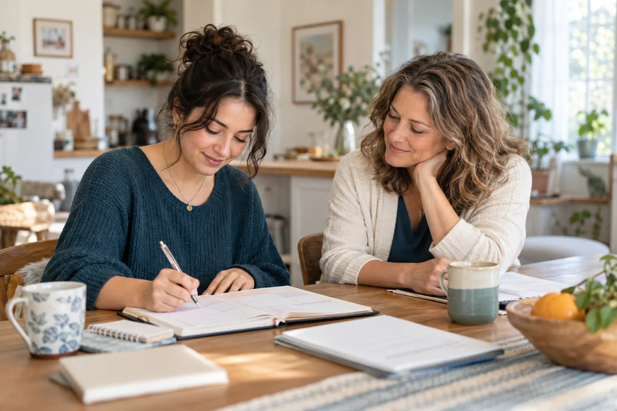 Two women working together on a weekly planner at a kitchen table.