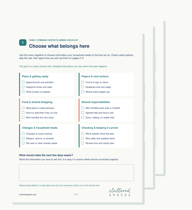 Three pages of the Family Command Center Planning Checklist.