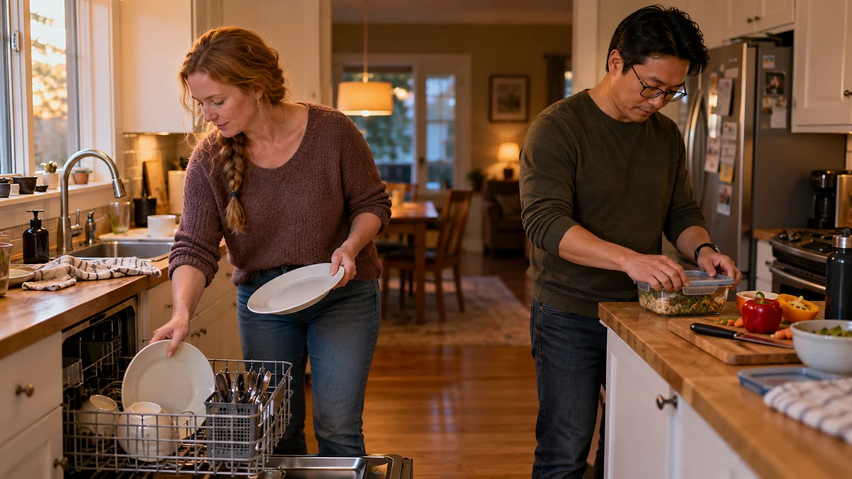 A couple shares an evening kitchen routine: loading dishes into the dishwasher and packing lunch.