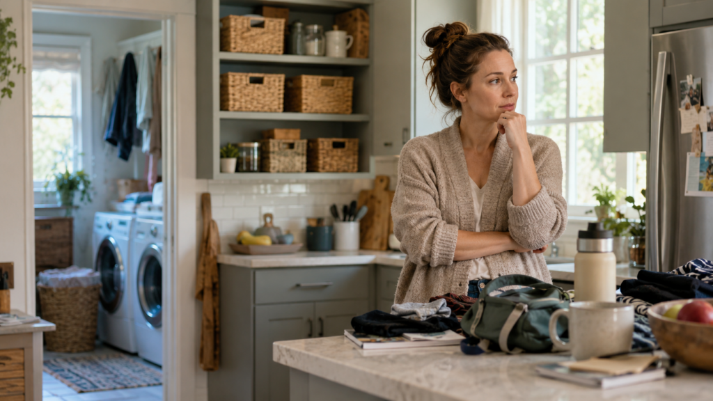 Woman considering everyday household items on a kitchen counter near an organized laundry area