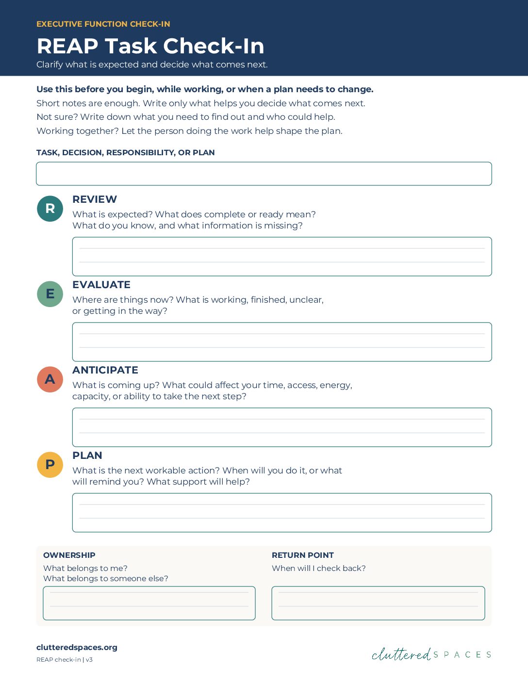 REAP Task Check-In worksheet with Review, Evaluate, Anticipate and Plan writing areas, plus ownership and check-back prompts.