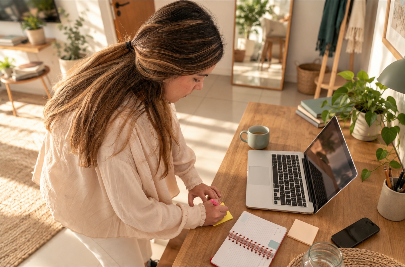 A person using notes, papers, and a laptop to work through a complicated task plan.