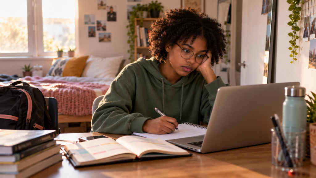 Teen with short curly hair and glasses working on school assignments at her bedroom desk