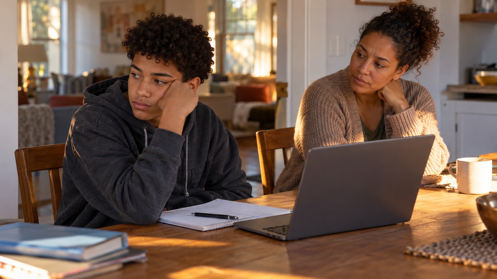 Teen and caregiver seated at a table with homework and a laptop during a tense pause